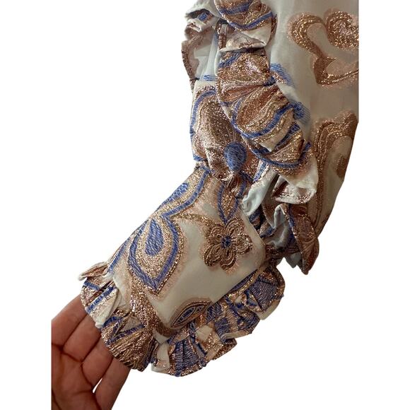 Alexis NWT Abessa Metallic Paisley Wrap Ruffle Midi Dress Size Small Blue Gold - Picture 7 of 12